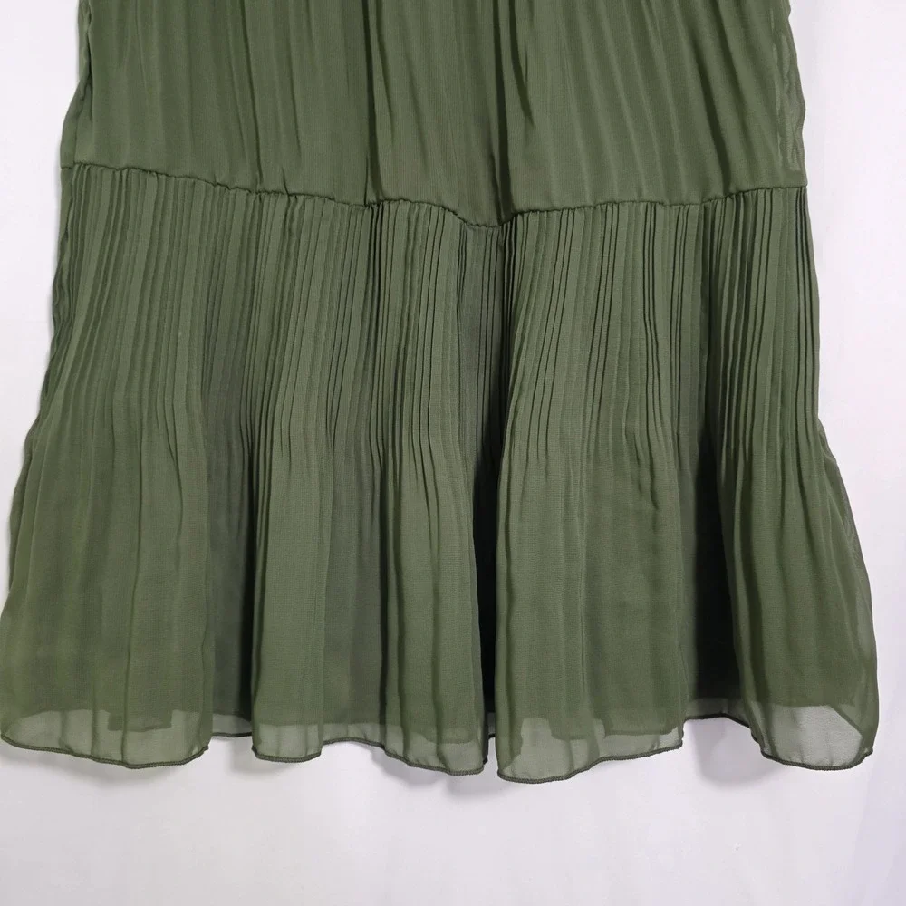 Olive Green Pleated Tiered Midi Skirt Boho Cottagecore Soft Girl‎ Earthy - Picture 2 of 6